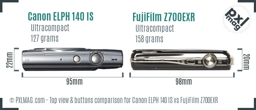 Canon ELPH 140 IS vs FujiFilm Z700EXR top view buttons comparison