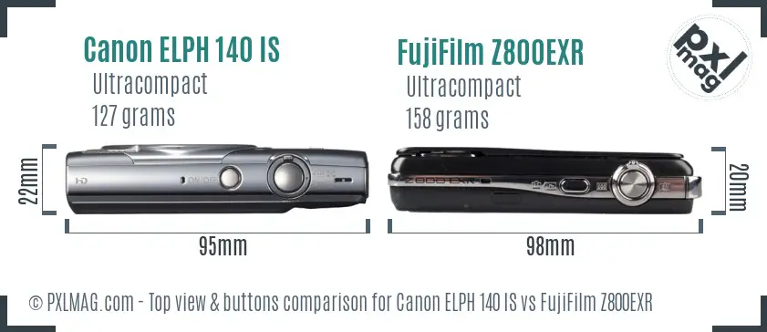 Canon ELPH 140 IS vs FujiFilm Z800EXR top view buttons comparison