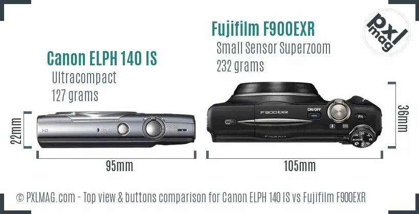 Canon ELPH 140 IS vs Fujifilm F900EXR top view buttons comparison