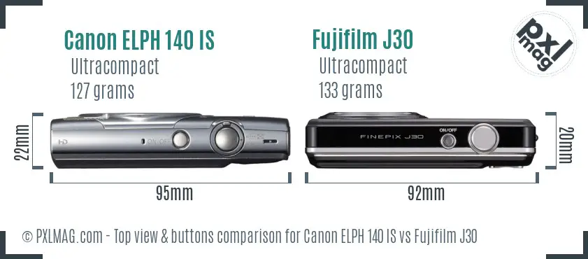 Canon ELPH 140 IS vs Fujifilm J30 top view buttons comparison