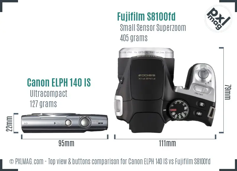 Canon ELPH 140 IS vs Fujifilm S8100fd top view buttons comparison