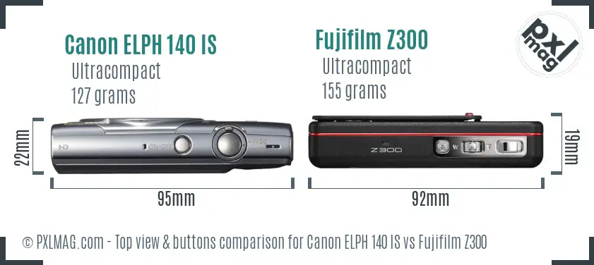 Canon ELPH 140 IS vs Fujifilm Z300 top view buttons comparison