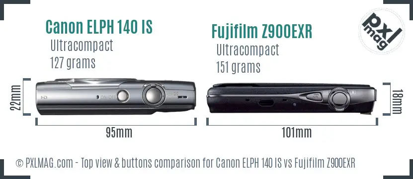 Canon ELPH 140 IS vs Fujifilm Z900EXR top view buttons comparison Canon ELPH 140 IS vs Fujifilm Z900EXR top view buttons comparison