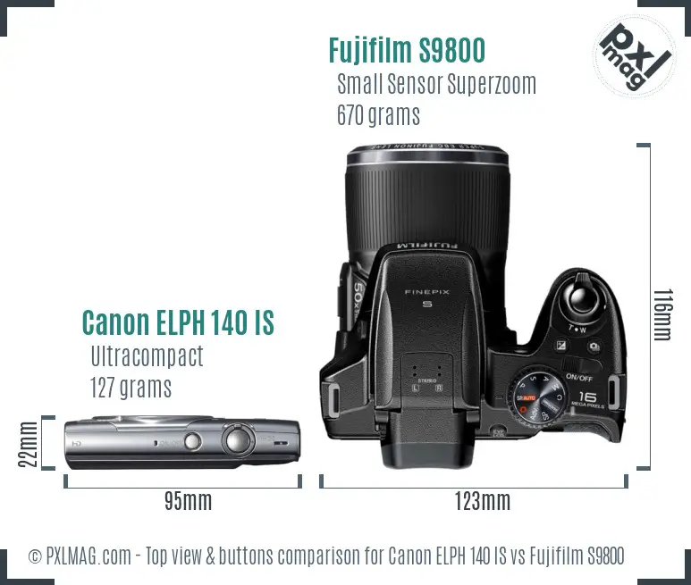 Canon ELPH 140 IS vs Fujifilm S9800 top view buttons comparison