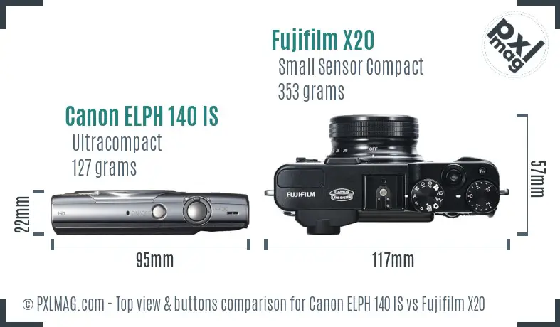 Canon ELPH 140 IS vs Fujifilm X20 top view buttons comparison