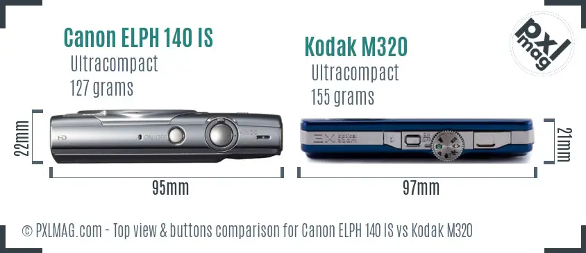Canon ELPH 140 IS vs Kodak M320 top view buttons comparison Canon ELPH 140 IS vs Kodak M320 top view buttons comparison