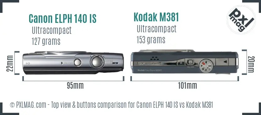 Canon ELPH 140 IS vs Kodak M381 top view buttons comparison