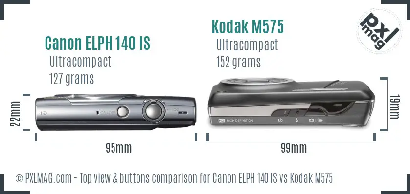 Canon ELPH 140 IS vs Kodak M575 top view buttons comparison