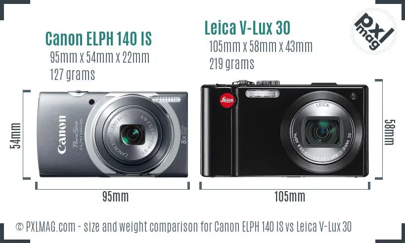 Canon ELPH 140 IS vs Leica V-Lux 30 size comparison