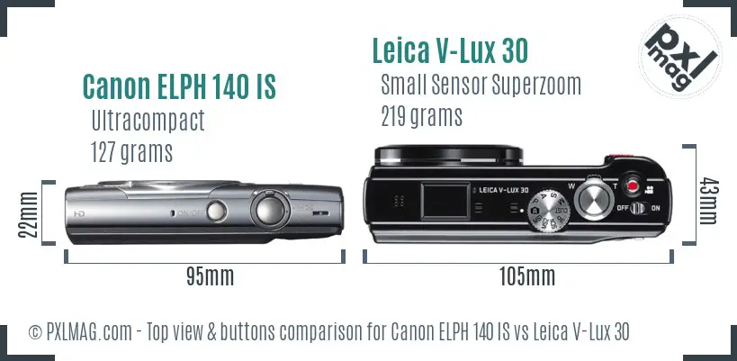 Canon ELPH 140 IS vs Leica V-Lux 30 top view buttons comparison
