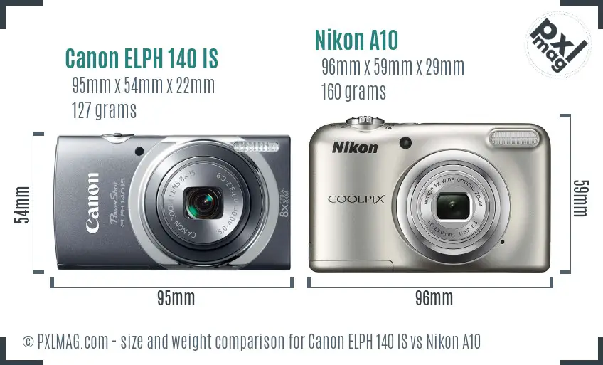 Canon ELPH 140 IS vs Nikon A10 size comparison