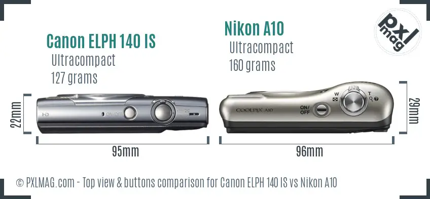 Canon ELPH 140 IS vs Nikon A10 top view buttons comparison