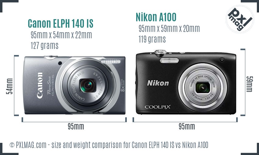 Canon ELPH 140 IS vs Nikon A100 size comparison