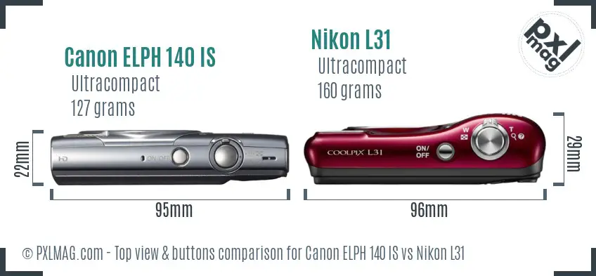Canon ELPH 140 IS vs Nikon L31 top view buttons comparison