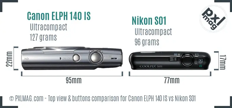 Canon ELPH 140 IS vs Nikon S01 top view buttons comparison