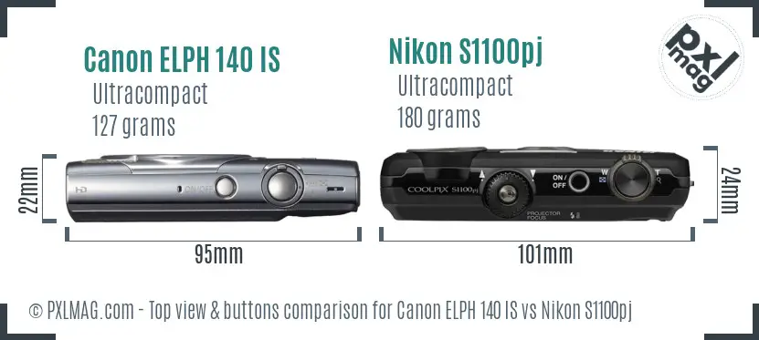 Canon ELPH 140 IS vs Nikon S1100pj top view buttons comparison