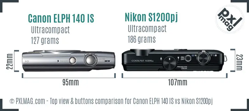 Canon ELPH 140 IS vs Nikon S1200pj top view buttons comparison