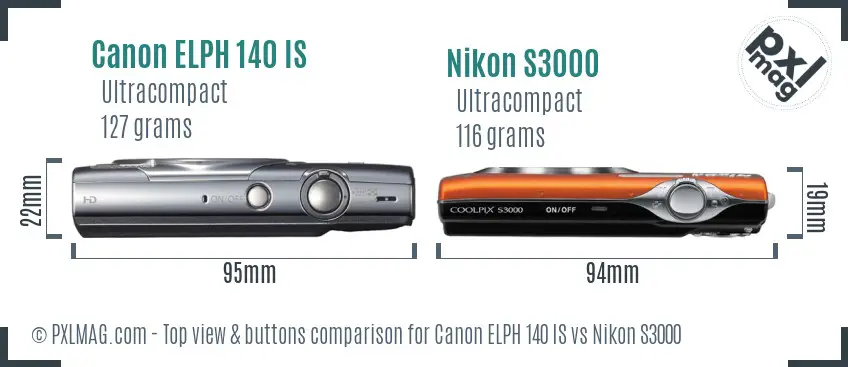 Canon ELPH 140 IS vs Nikon S3000 top view buttons comparison
