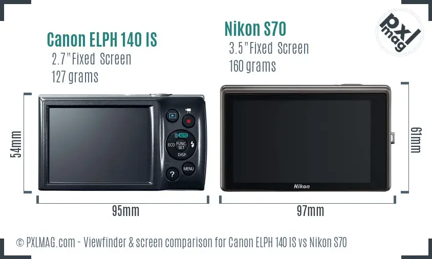 Canon ELPH 140 IS vs Nikon S70 Screen and Viewfinder comparison