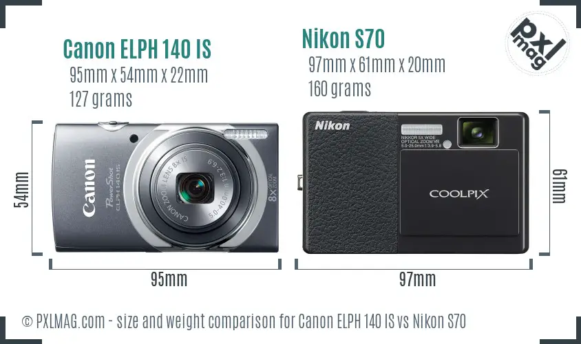 Canon ELPH 140 IS vs Nikon S70 size comparison