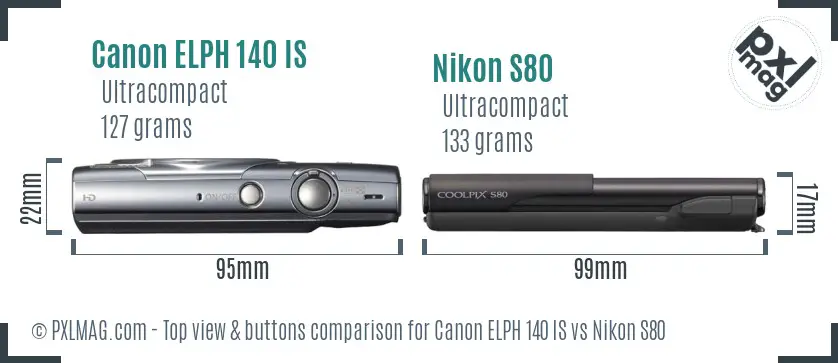 Canon ELPH 140 IS vs Nikon S80 top view buttons comparison