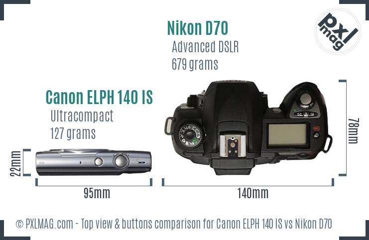 Canon ELPH 140 IS vs Nikon D70 top view buttons comparison