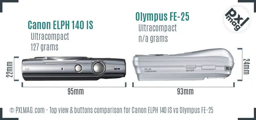 Canon ELPH 140 IS vs Olympus FE-25 top view buttons comparison Canon ELPH 140 IS vs Olympus FE-25 top view buttons comparison