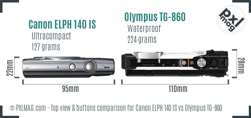 Canon ELPH 140 IS vs Olympus TG-860 top view buttons comparison Canon ELPH 140 IS vs Olympus TG-860 top view buttons comparison