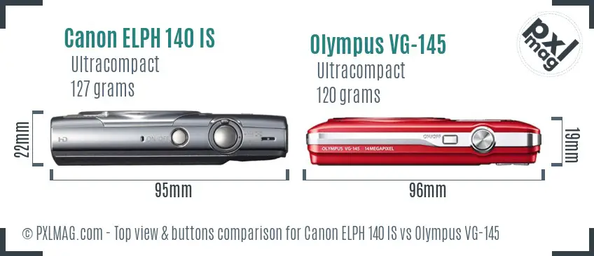 Canon ELPH 140 IS vs Olympus VG-145 top view buttons comparison Canon ELPH 140 IS vs Olympus VG-145 top view buttons comparison