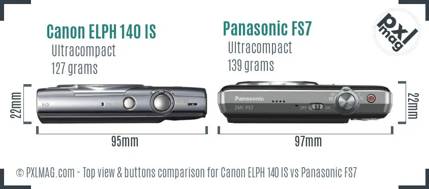 Canon ELPH 140 IS vs Panasonic FS7 top view buttons comparison