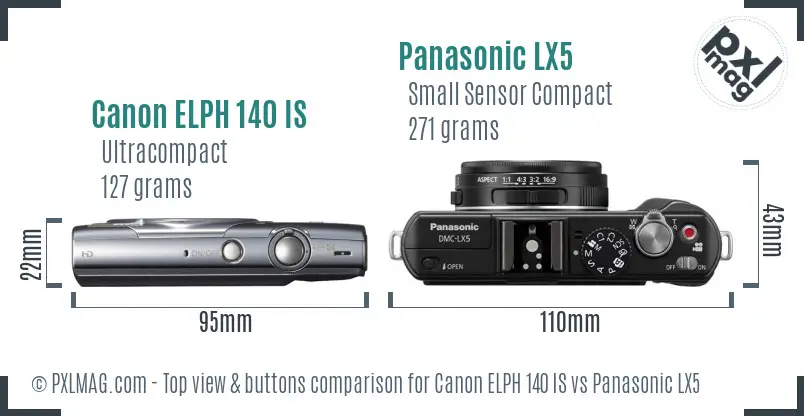 Canon ELPH 140 IS vs Panasonic LX5 top view buttons comparison