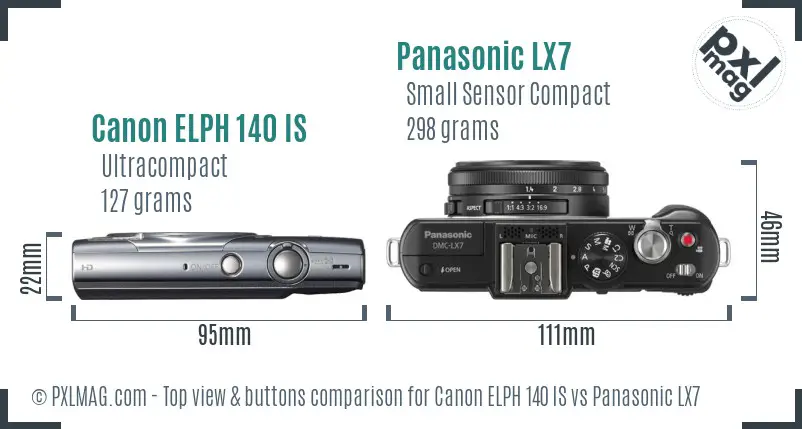 Canon ELPH 140 IS vs Panasonic LX7 top view buttons comparison