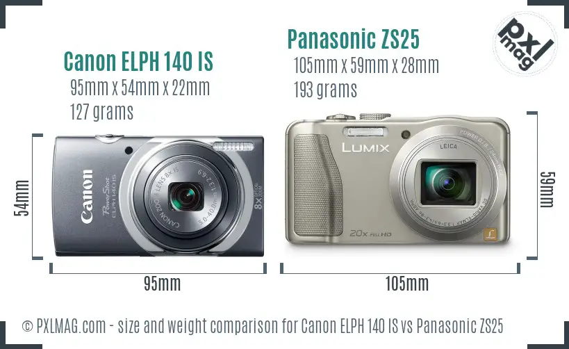 Canon ELPH 140 IS vs Panasonic ZS25 size comparison
