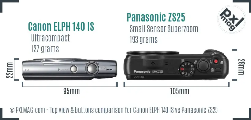 Canon ELPH 140 IS vs Panasonic ZS25 top view buttons comparison