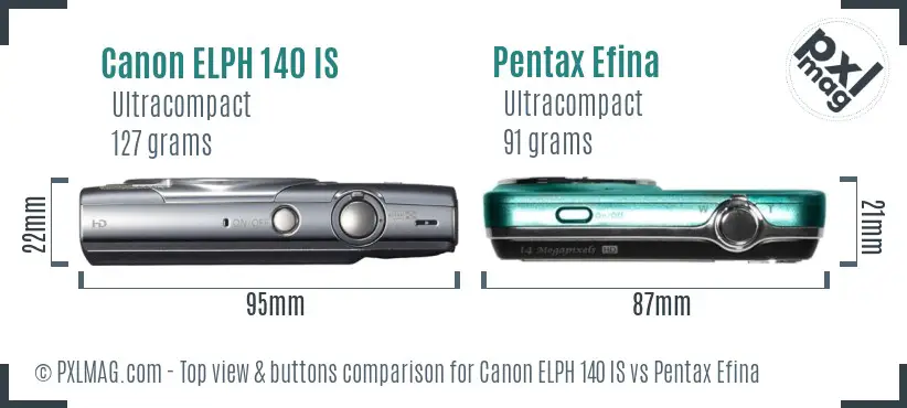 Canon ELPH 140 IS vs Pentax Efina top view buttons comparison
