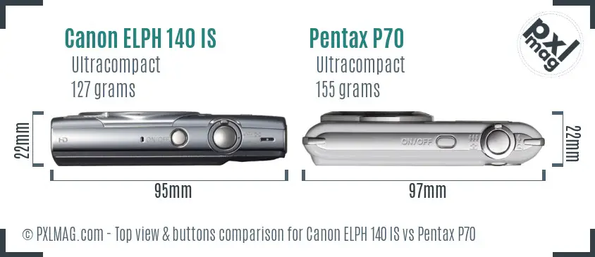 Canon ELPH 140 IS vs Pentax P70 top view buttons comparison