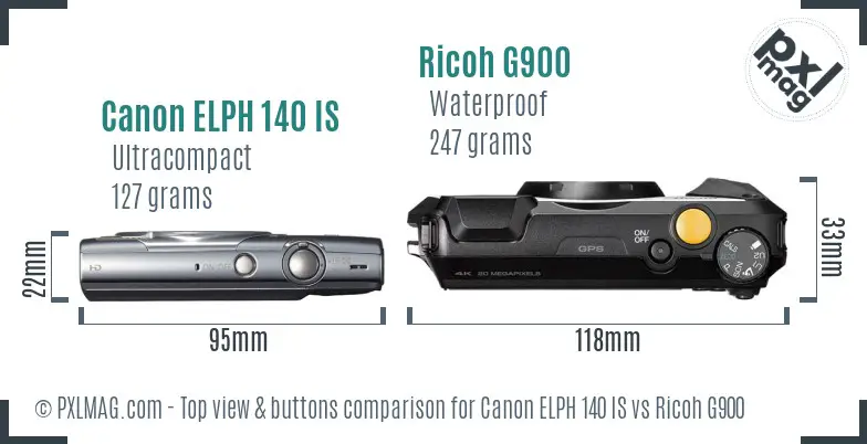 Canon ELPH 140 IS vs Ricoh G900 top view buttons comparison