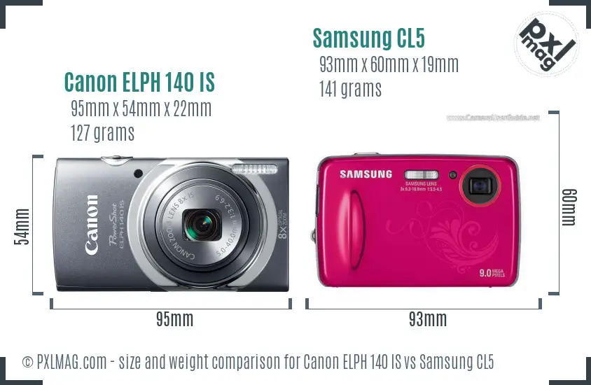 Canon ELPH 140 IS vs Samsung CL5 size comparison