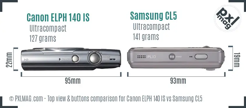 Canon ELPH 140 IS vs Samsung CL5 top view buttons comparison