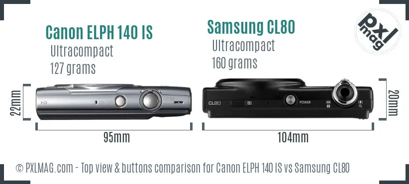 Canon ELPH 140 IS vs Samsung CL80 top view buttons comparison Canon ELPH 140 IS vs Samsung CL80 top view buttons comparison
