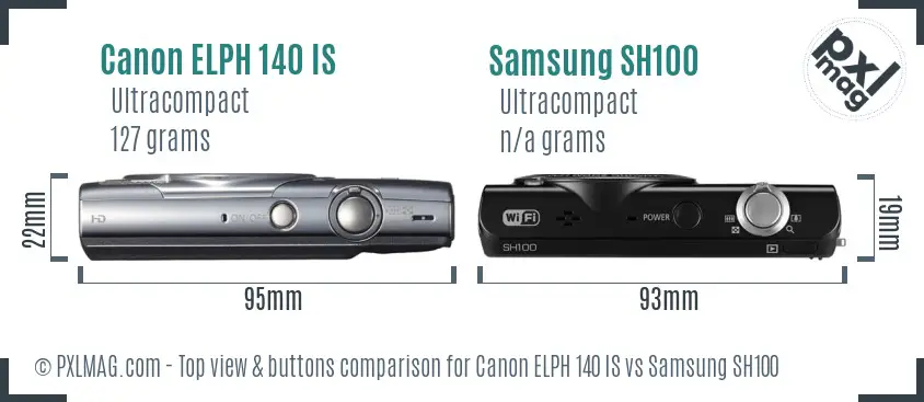 Canon ELPH 140 IS vs Samsung SH100 top view buttons comparison