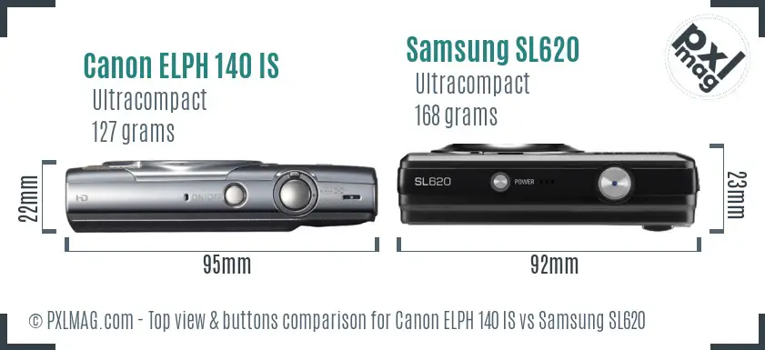 Canon ELPH 140 IS vs Samsung SL620 top view buttons comparison