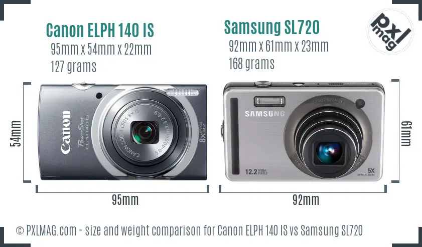 Canon ELPH 140 IS vs Samsung SL720 size comparison