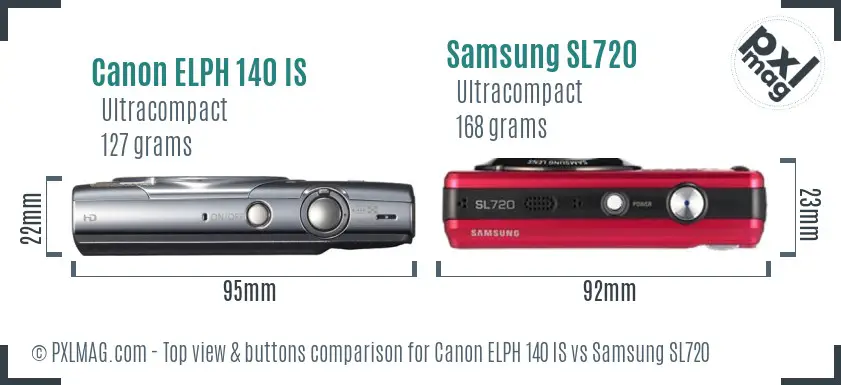 Canon ELPH 140 IS vs Samsung SL720 top view buttons comparison