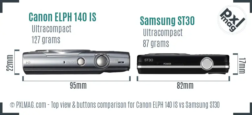 Canon ELPH 140 IS vs Samsung ST30 top view buttons comparison