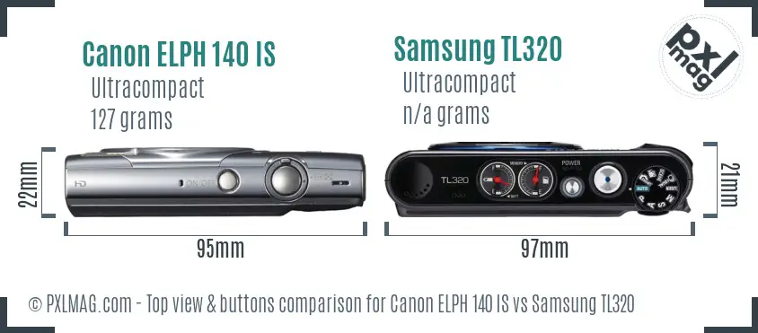 Canon ELPH 140 IS vs Samsung TL320 top view buttons comparison