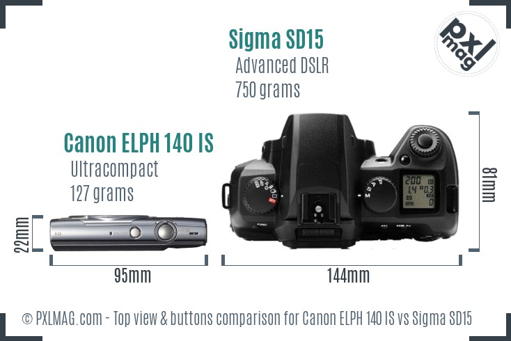 Canon ELPH 140 IS vs Sigma SD15 top view buttons comparison