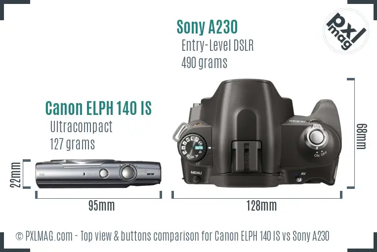 Canon ELPH 140 IS vs Sony A230 top view buttons comparison