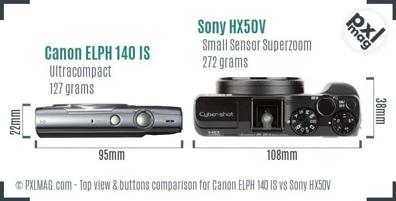 Canon ELPH 140 IS vs Sony HX50V top view buttons comparison