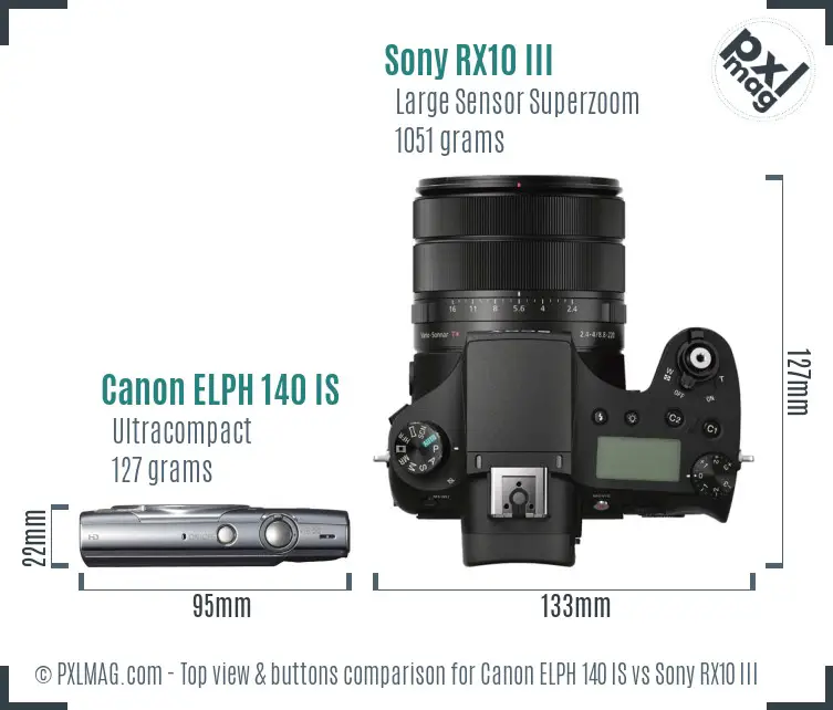 Canon ELPH 140 IS vs Sony RX10 III top view buttons comparison